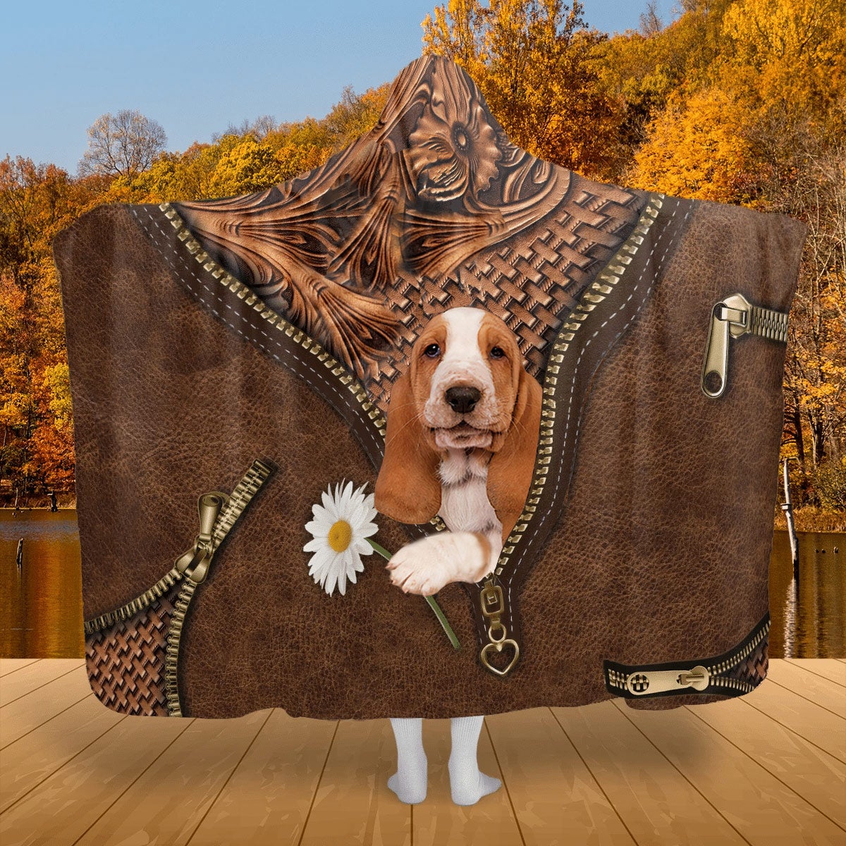 Basset Hound Holding Daisy Hooded Blanket