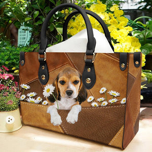 Beagle Holding Daisy Leather Bag