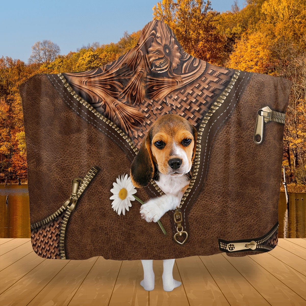 Beagle Holding Daisy Hooded Blanket