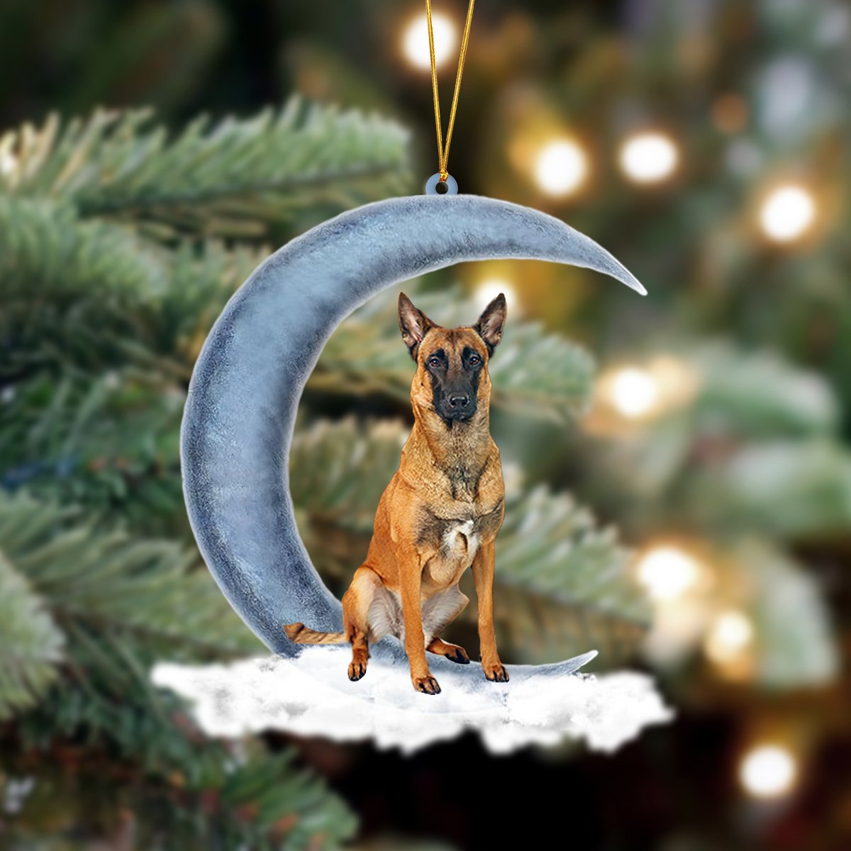 Belgian Malinois Sits On The Moon Hanging Ornament