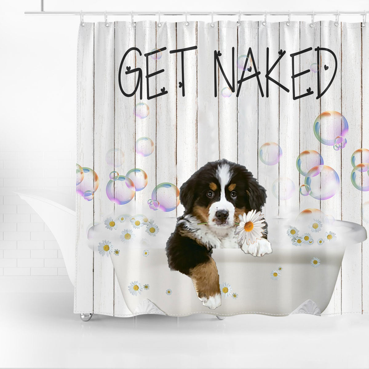 Bernese Mountain Get Naked Daisy Shower Curtain