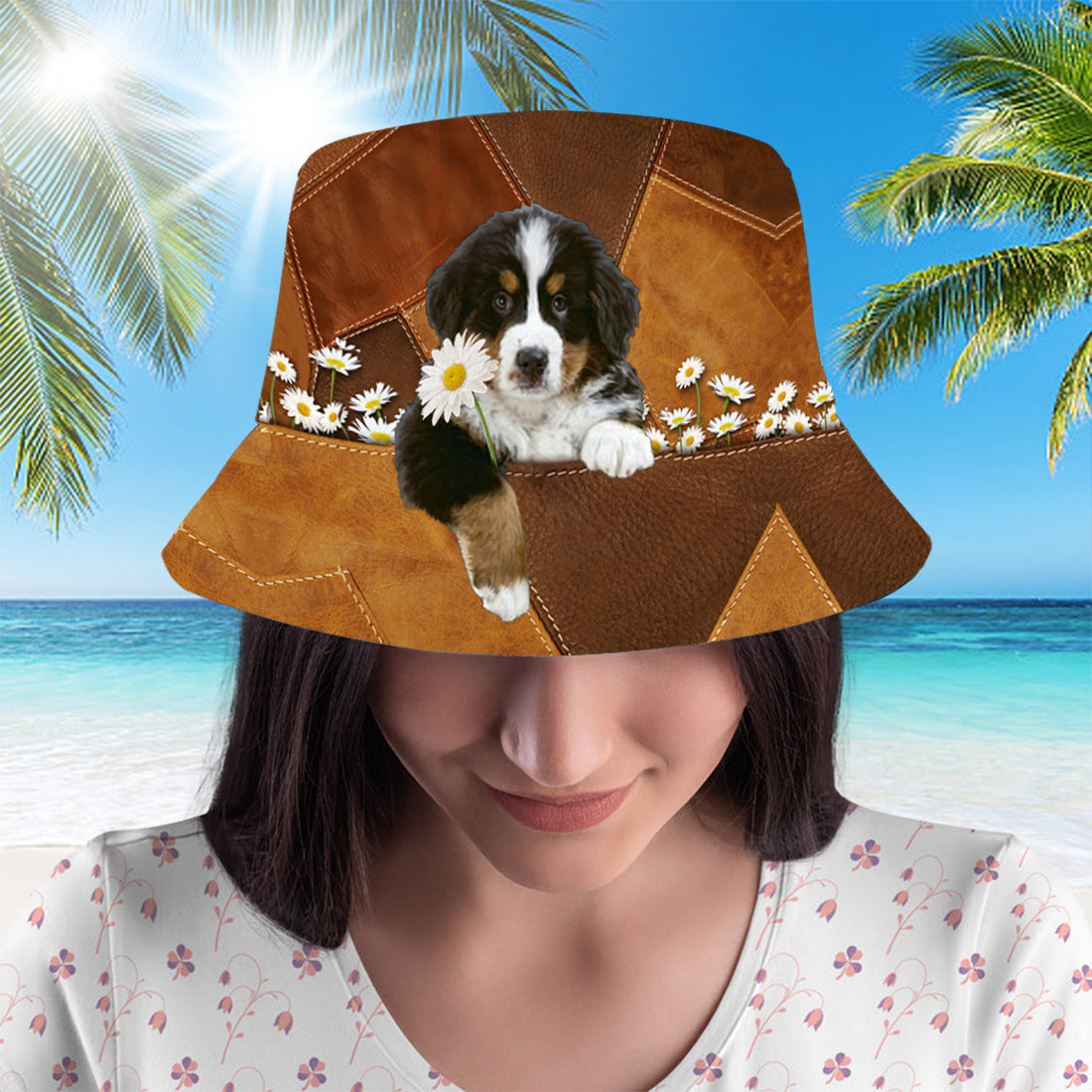 Bernese Mountain Holding Daisy Bucket Hat