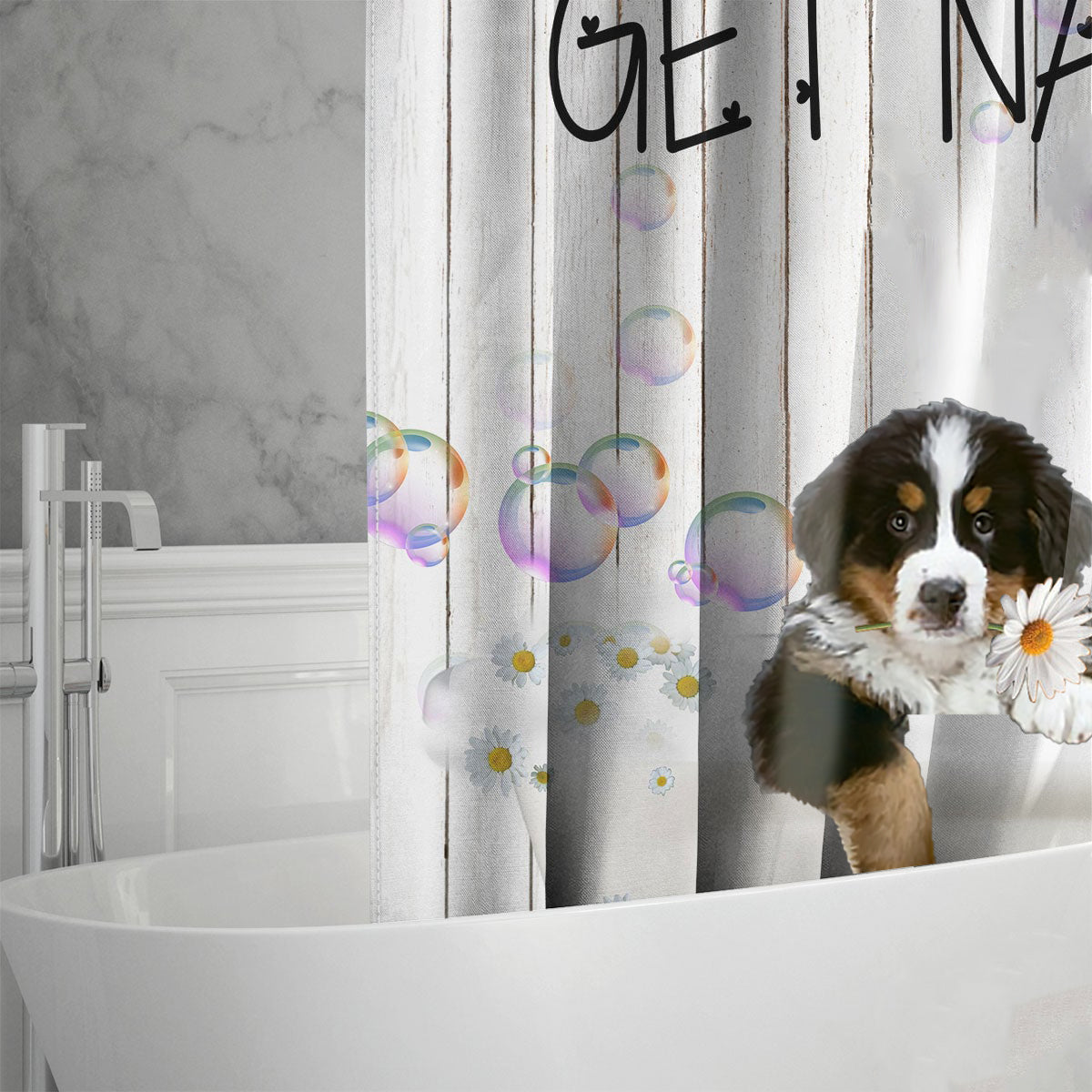 Bernese Mountain Get Naked Daisy Shower Curtain