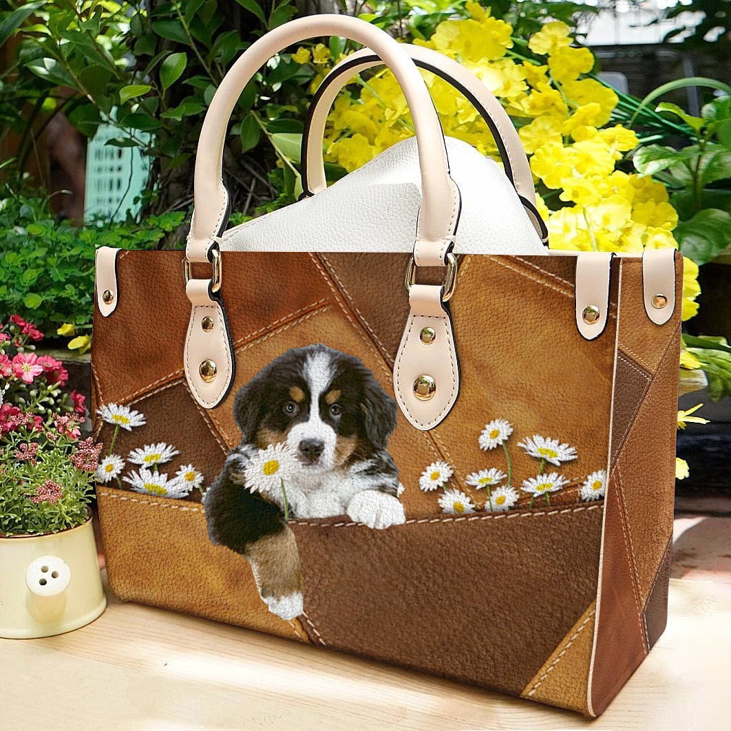 Bernese Mountain Holding Daisy Leather Bag