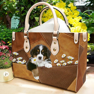 Bernese Mountain Holding Daisy Leather Bag