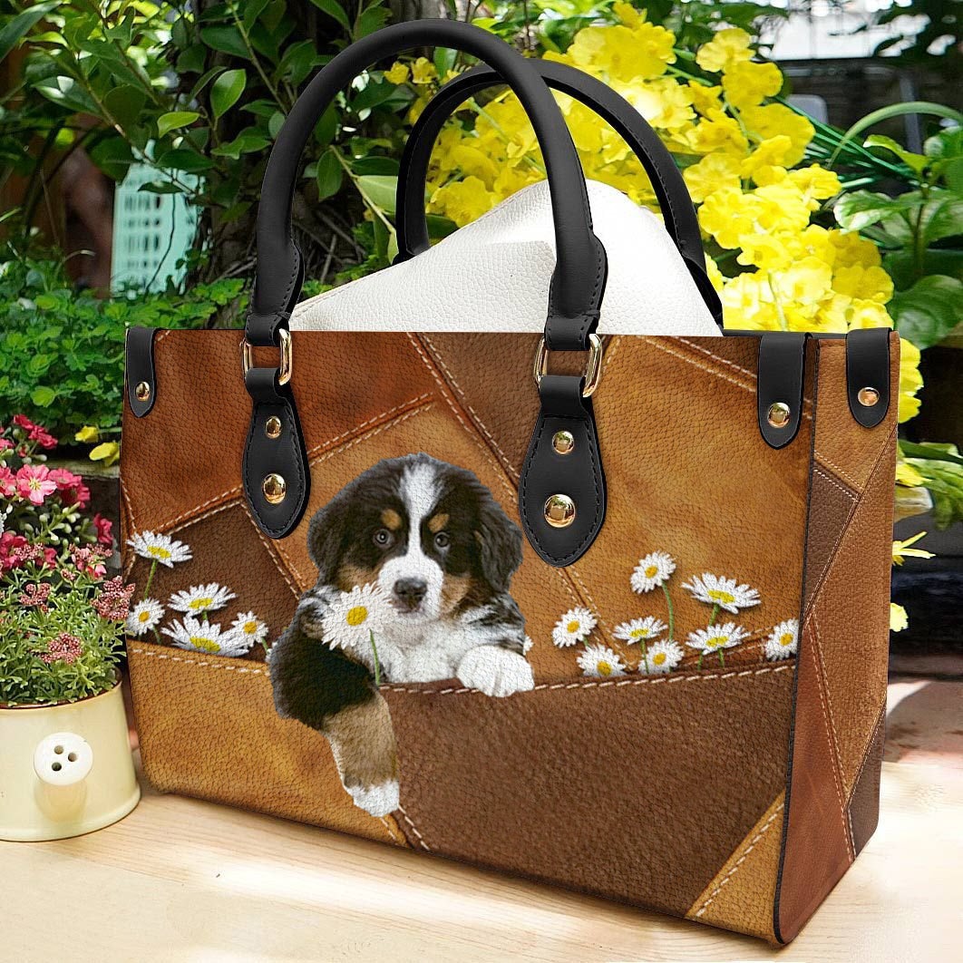 Bernese Mountain Holding Daisy Leather Bag