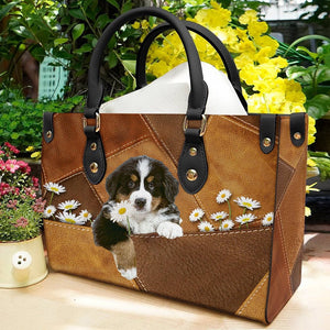 Bernese Mountain Holding Daisy Leather Bag
