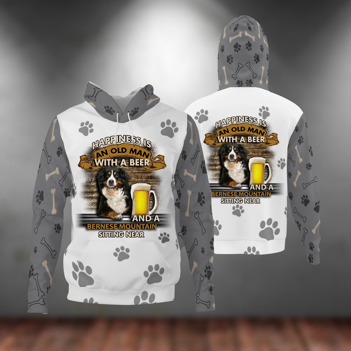 Happiness Is An Old Man With A Beer And A Bernese Mountain Hoodie