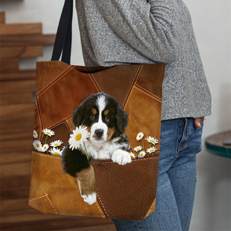 Bernese Mountain Holding Daisy All Over Printed Tote Bag