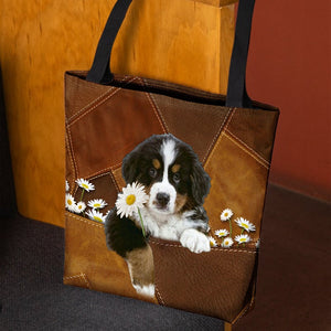 Bernese Mountain Holding Daisy All Over Printed Tote Bag