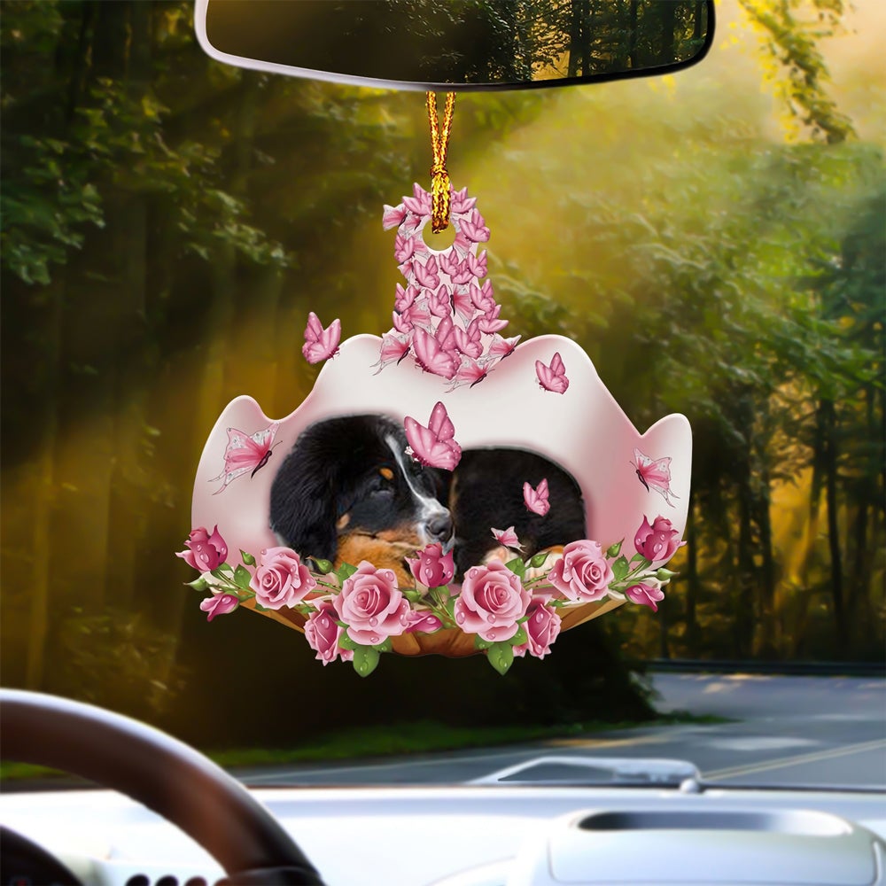 Bernese Mountain Dog Sleeping In Rose Garden Car Hanging Ornament