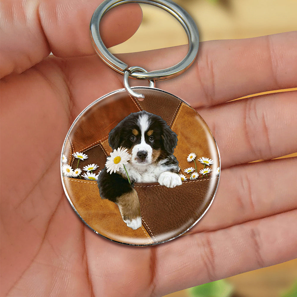 Bernese Mountain Holding Daisy-Round Resin Epoxy Metal Keychain