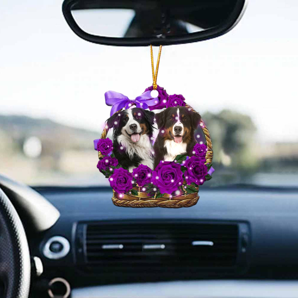 Bernese Mountain Purple Rose Wicker Basket Car Hanging Ornament