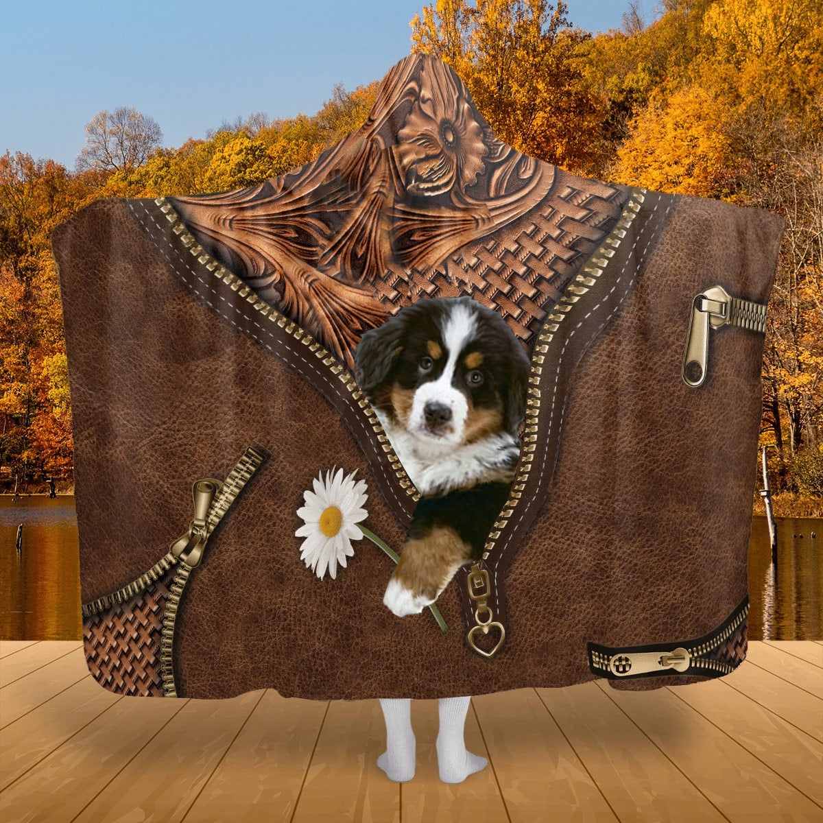 Bernese Mountain Holding Daisy Hooded Blanket