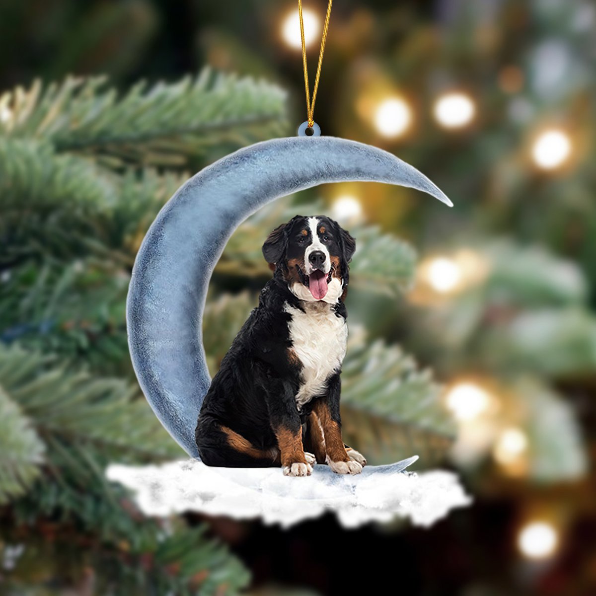 Bernese Mountain Sits On The Moon Hanging Ornament