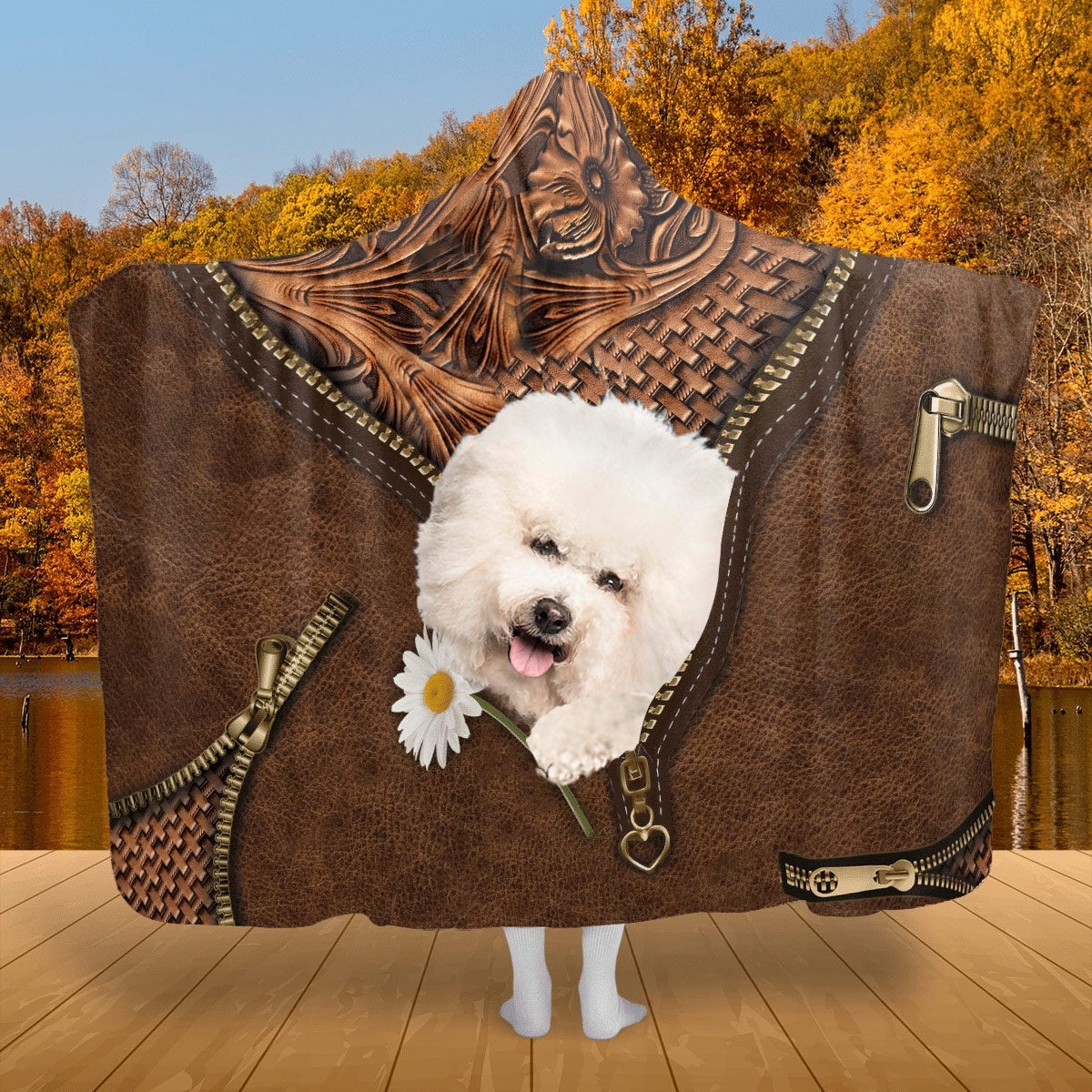 Bichon Frise Holding Daisy Hooded Blanket