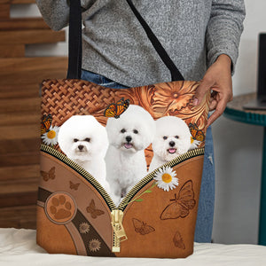 Bichon Frise Daisy Flower And Butterfly Tote Bag