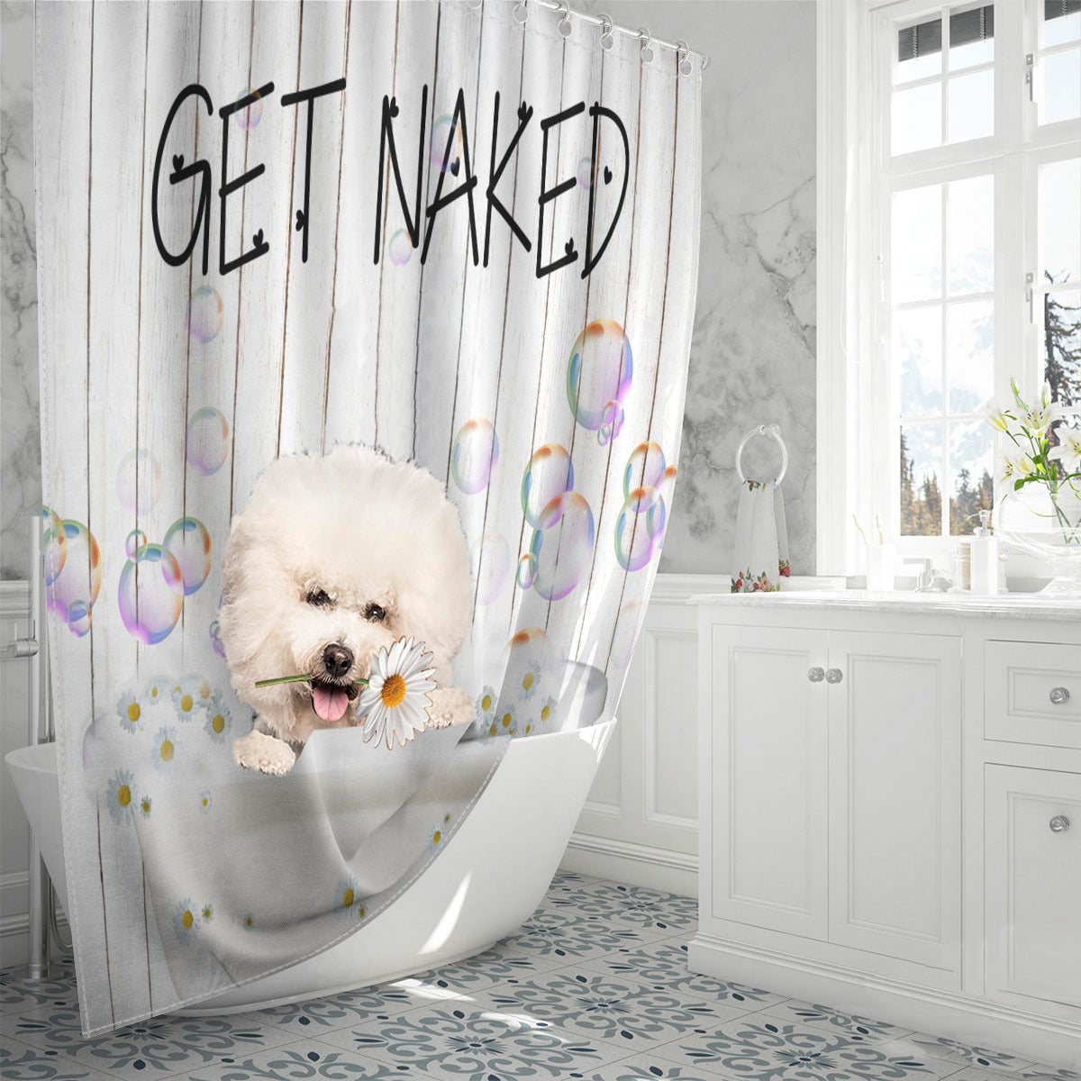 Bichon Frise Get Naked Daisy Shower Curtain