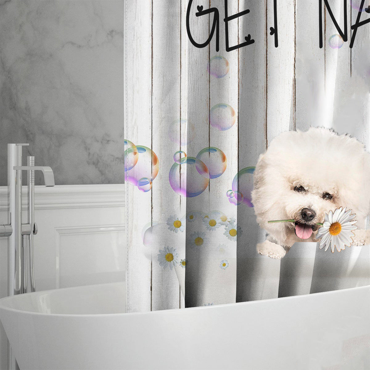 Bichon Frise Get Naked Daisy Shower Curtain