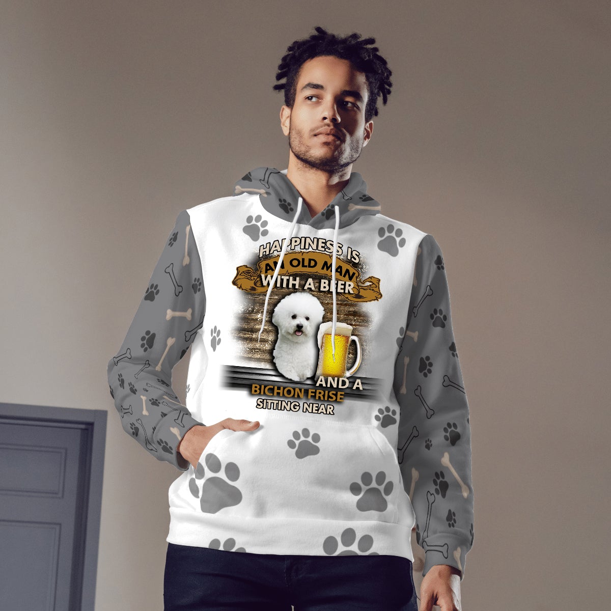 Happiness Is An Old Man With A Beer And A Bichon Frise Hoodie