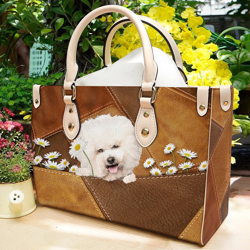 Bichon Frise Holding Daisy Leather Bag