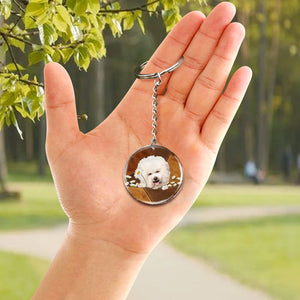 Bichon Frise Mountain Holding Daisy-Round Resin Epoxy Metal Keychain