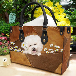 Bichon Frise Holding Daisy Leather Bag