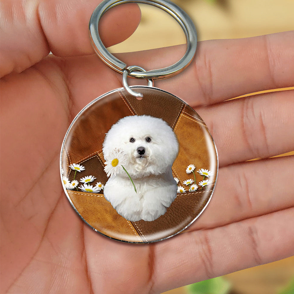 Bichon Frise02 Mountain Holding Daisy-Round Resin Epoxy Metal Keychain