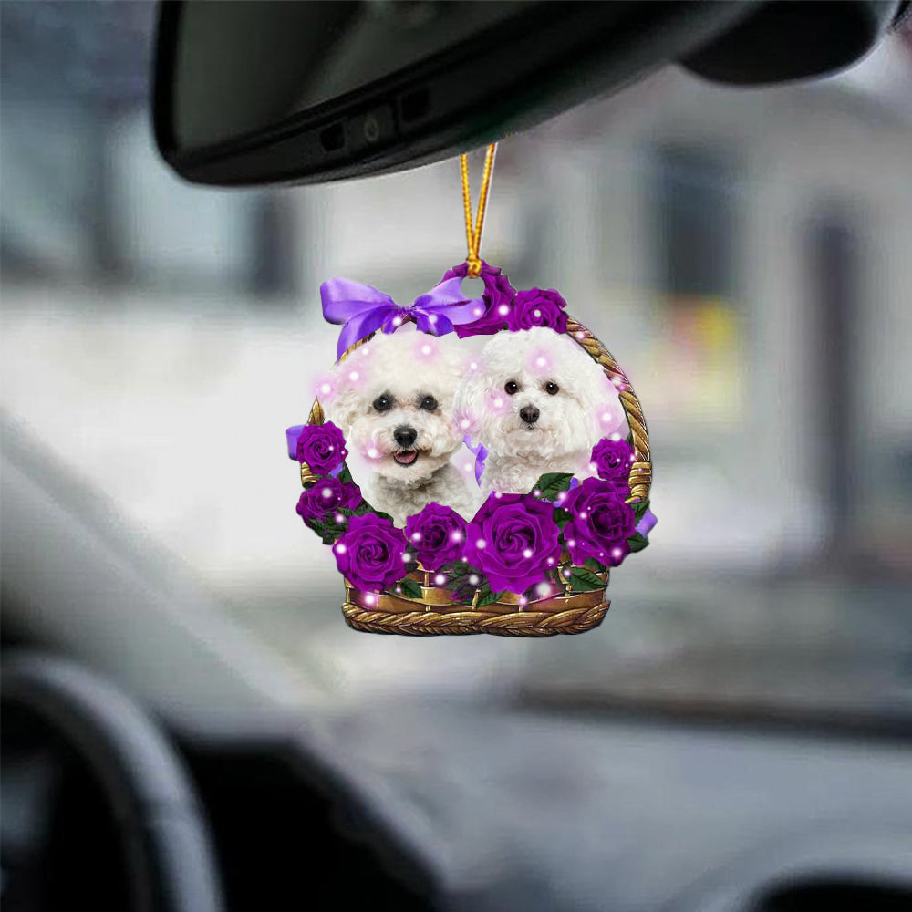 Bichon Frise Purple Rose Wicker Basket Car Hanging Ornament