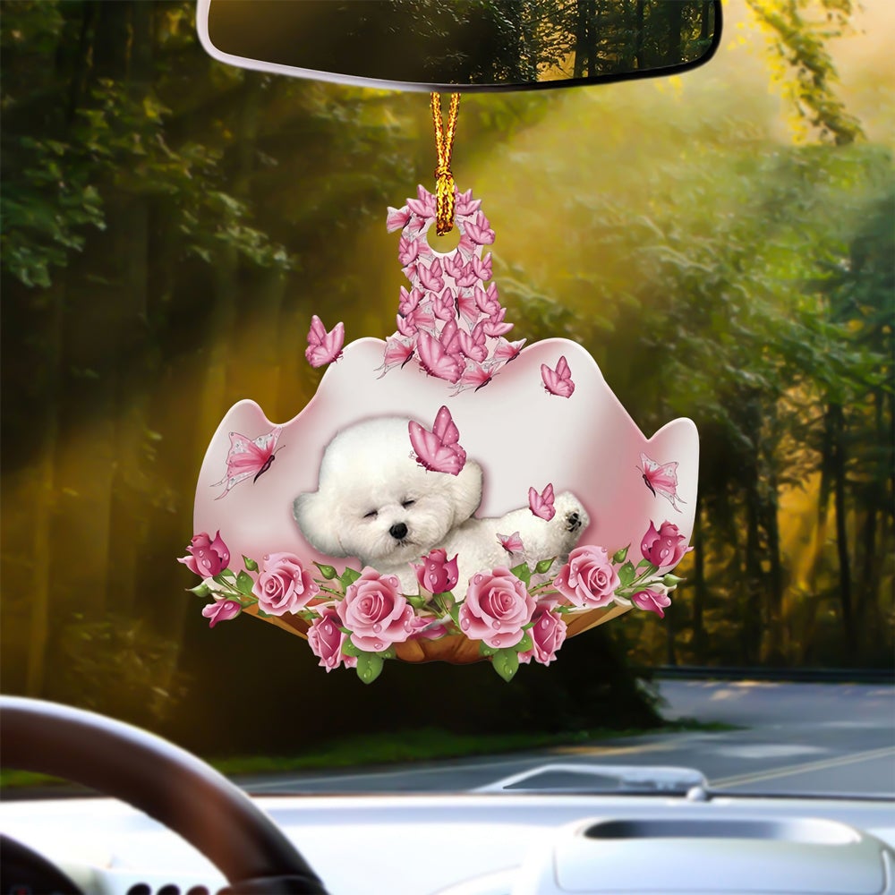 Bichon Frise Sleeping In Rose Garden Car Hanging Ornament
