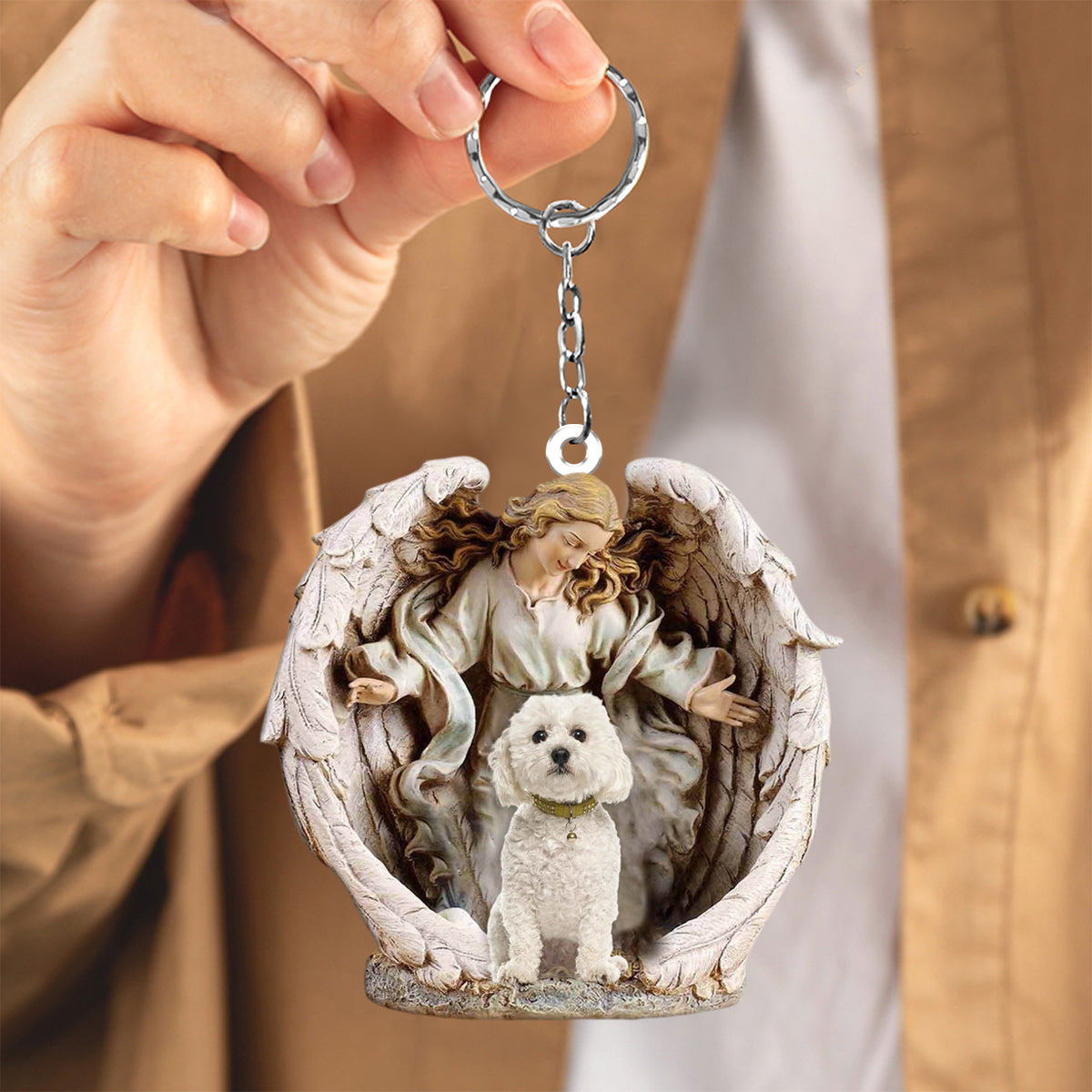 Angel Hug Bichon frise Acrylic Keychain
