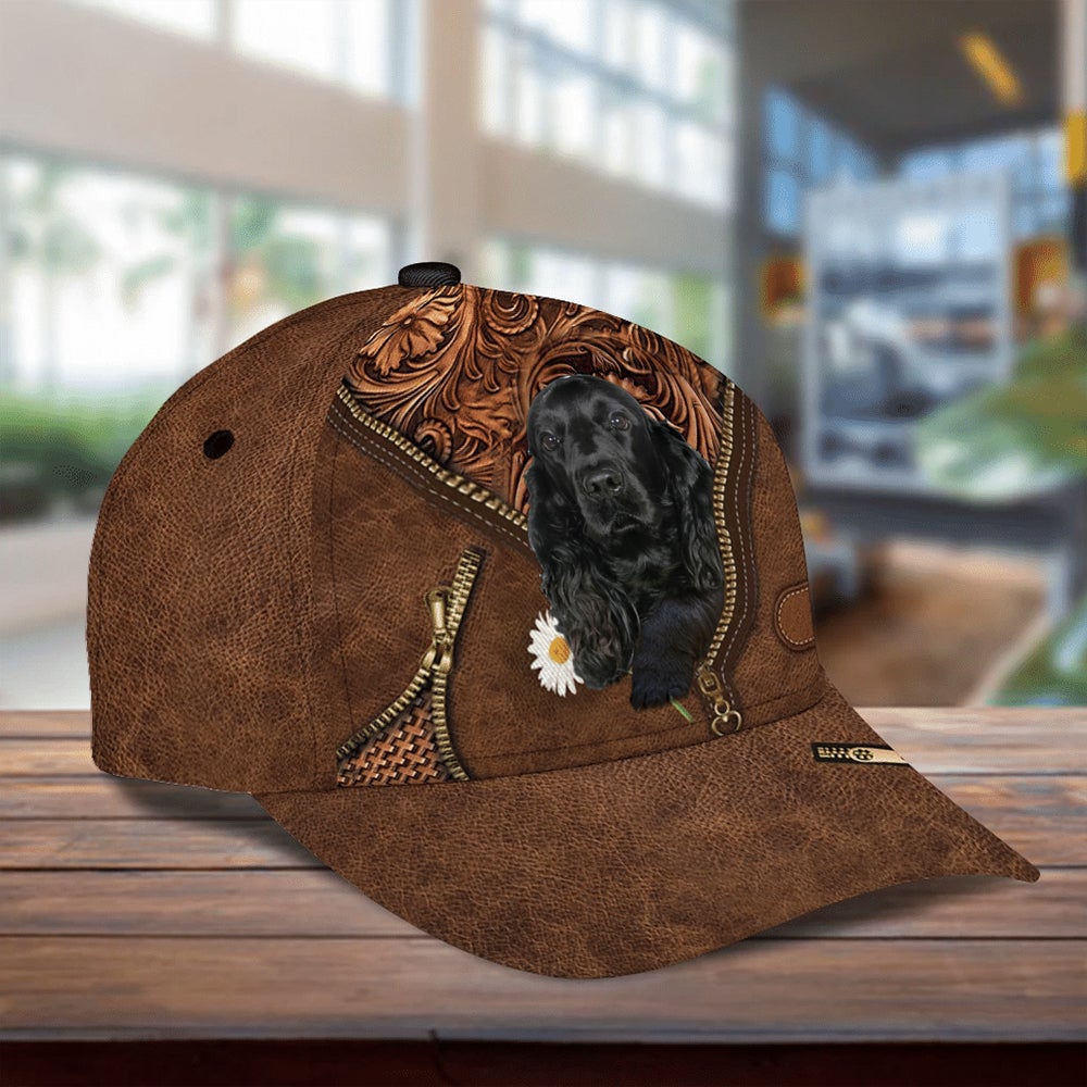 Black Cocker Spaniel Holding Daisy Unisex Cap