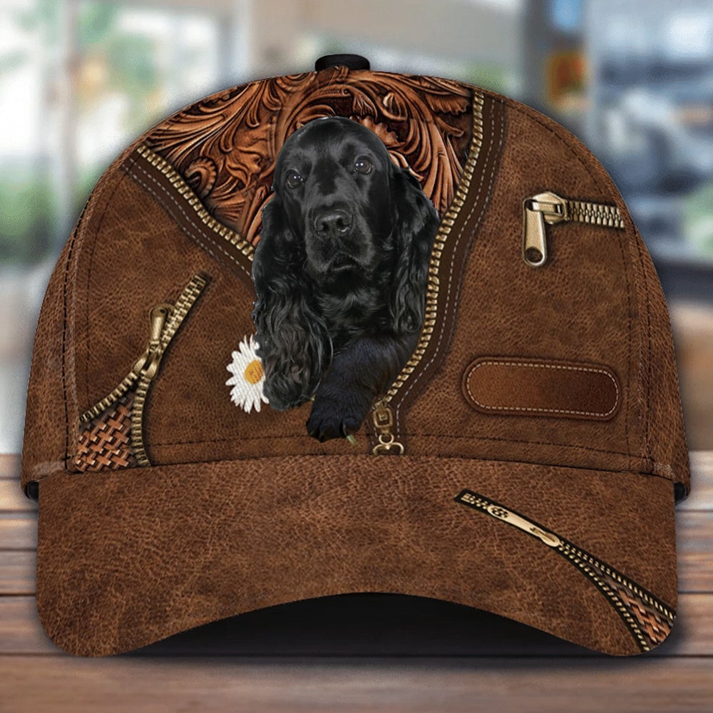Black Cocker Spaniel Holding Daisy Unisex Cap