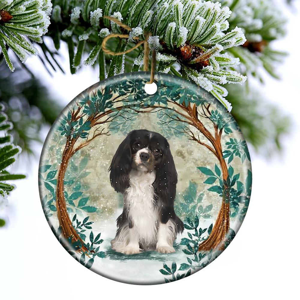 Black And White Cavalier King Charles Spaniel Among Forest Porcelain/Ceramic Ornament