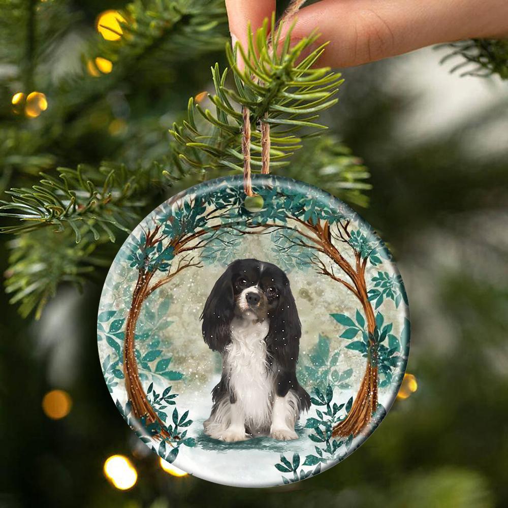 Black And White Cavalier King Charles Spaniel Among Forest Porcelain/Ceramic Ornament