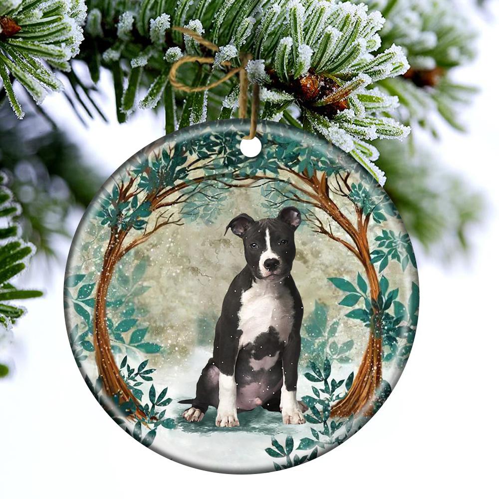 Black And White Pit Bull Among Forest Porcelain/Ceramic Ornament