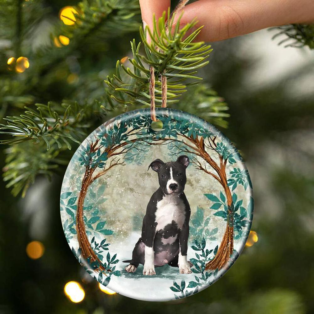 Black And White Pit Bull Among Forest Porcelain/Ceramic Ornament