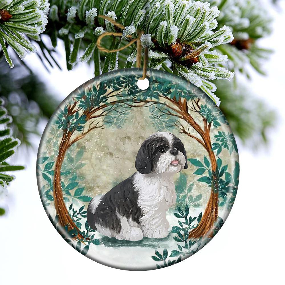 Black And White Shih Tzu Among Forest Porcelain/Ceramic Ornament