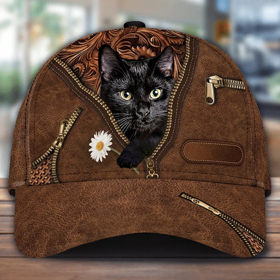 Black Cat Holding Daisy Unisex Cap