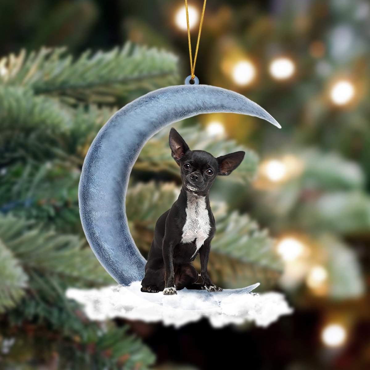 Black Chihuahua Sits On The Moon Hanging Ornament