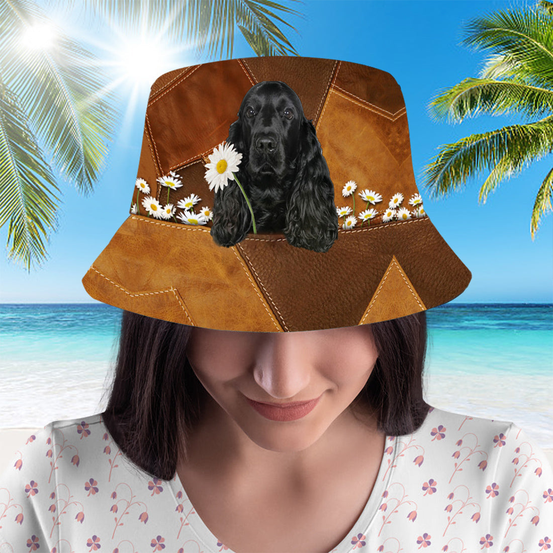 Black Cocker Spaniel Holding Daisy Bucket Hat