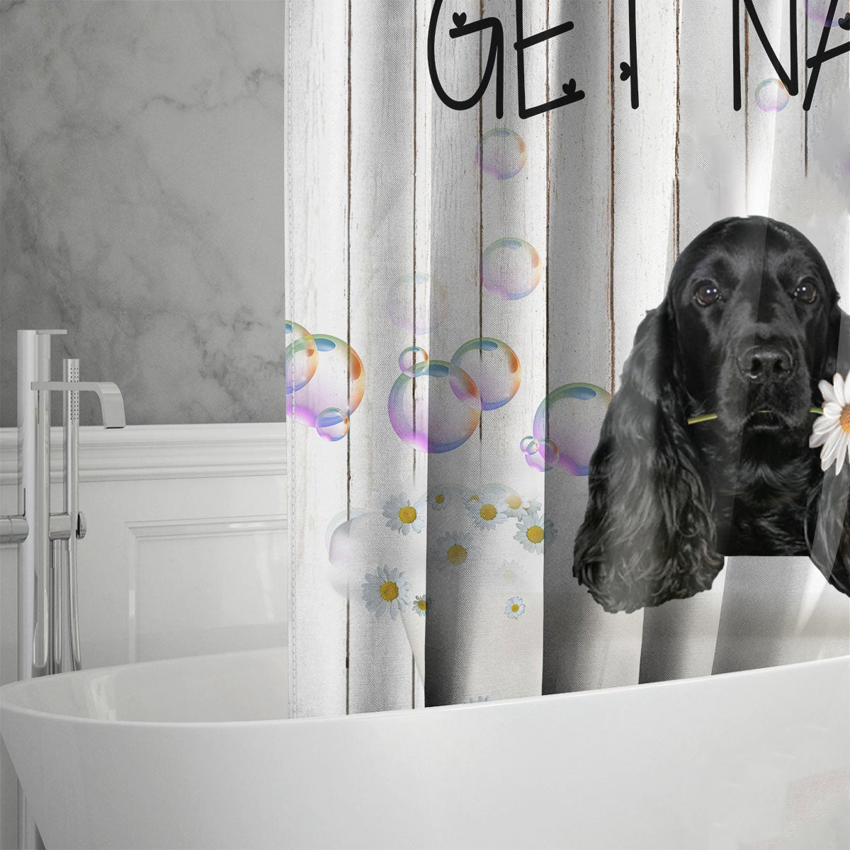Black Cocker Spaniel Get Naked Daisy Shower Curtain