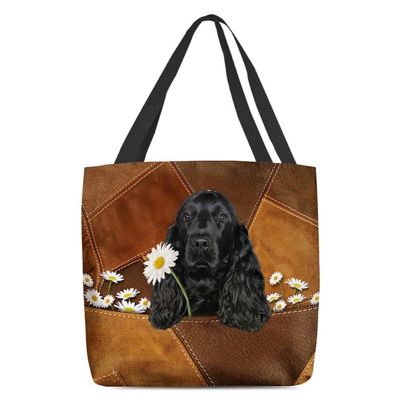 Black Cocker Spaniel Holding Daisy  All Over Printed Tote Bag