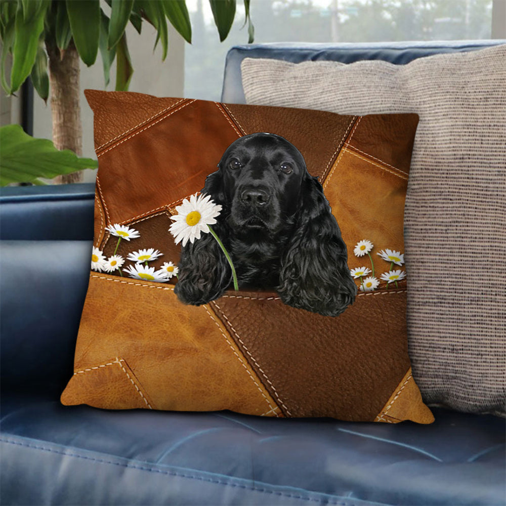 Black Cocker Spaniel Holding Daisy Pillow Case