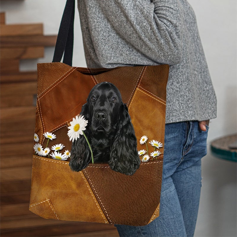 Black Cocker Spaniel Holding Daisy  All Over Printed Tote Bag