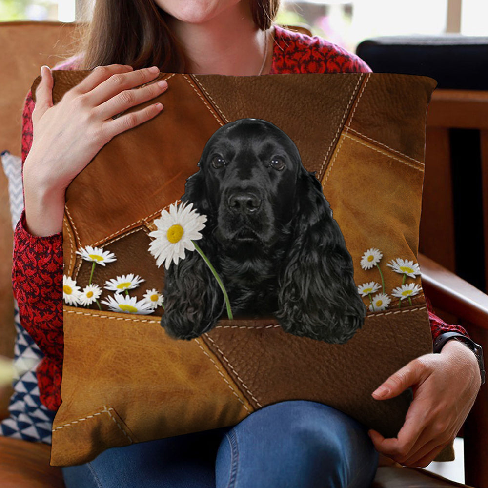 Black Cocker Spaniel Holding Daisy Pillow Case