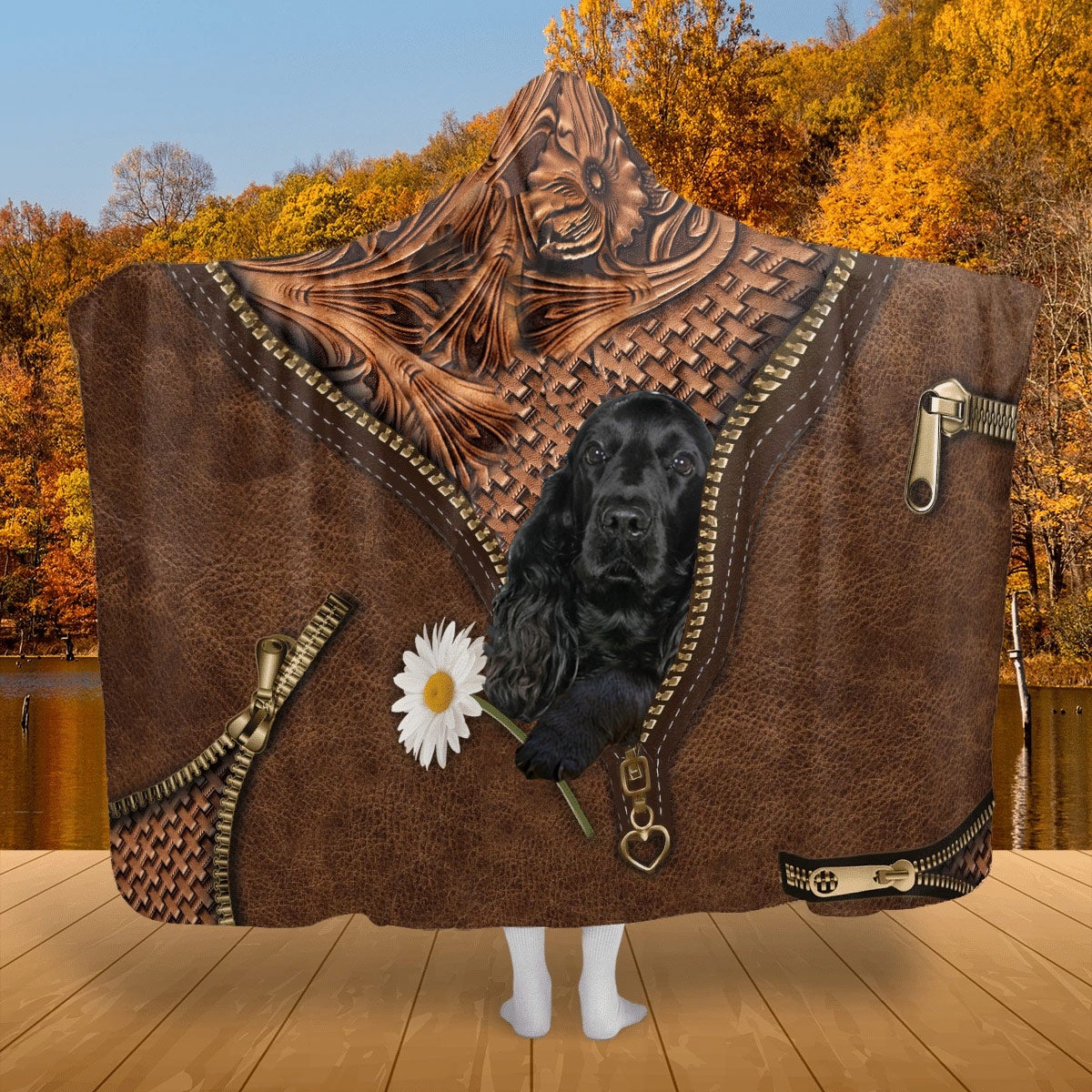 Black Cocker Spaniel Holding Daisy Hooded Blanket