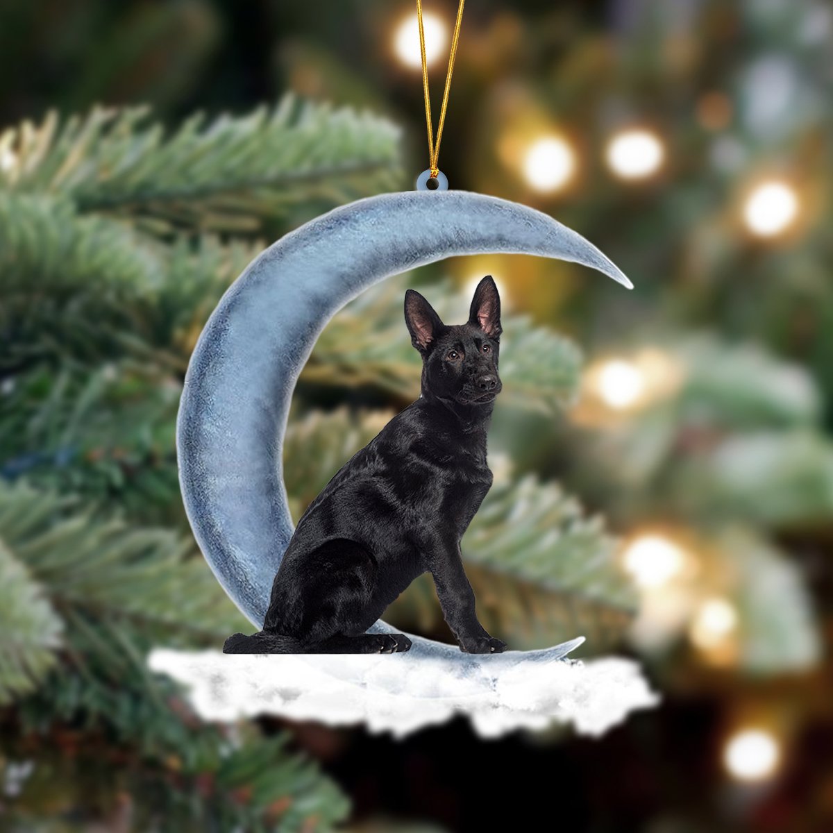 Black German Shepherd Sits On The Moon Hanging Ornament