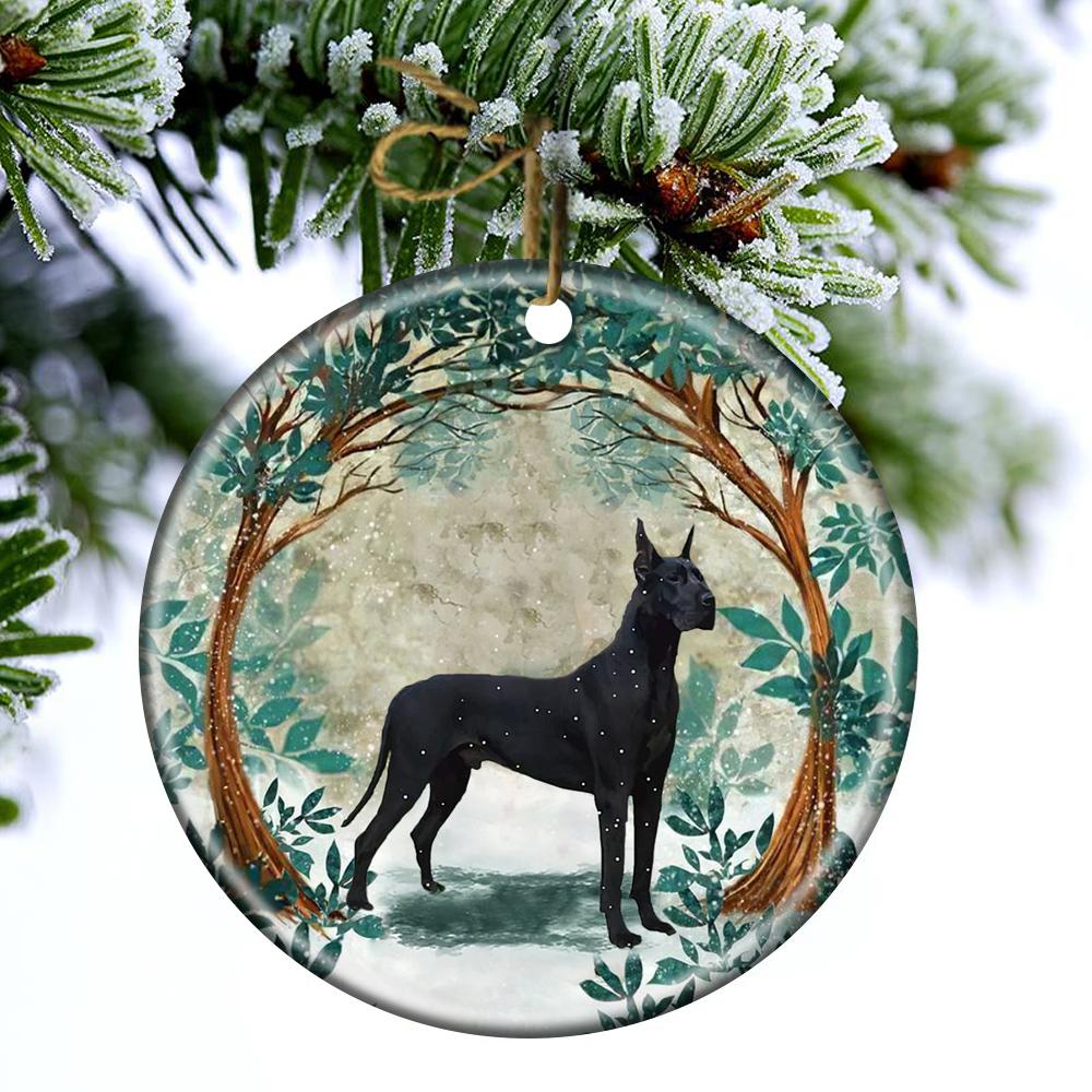 Black Great Dane Among Forest Porcelain/Ceramic Ornament