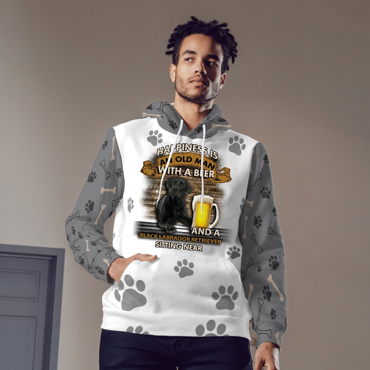 Happiness Is An Old Man With A Beer And A Black Labrador Retriever Hoodie